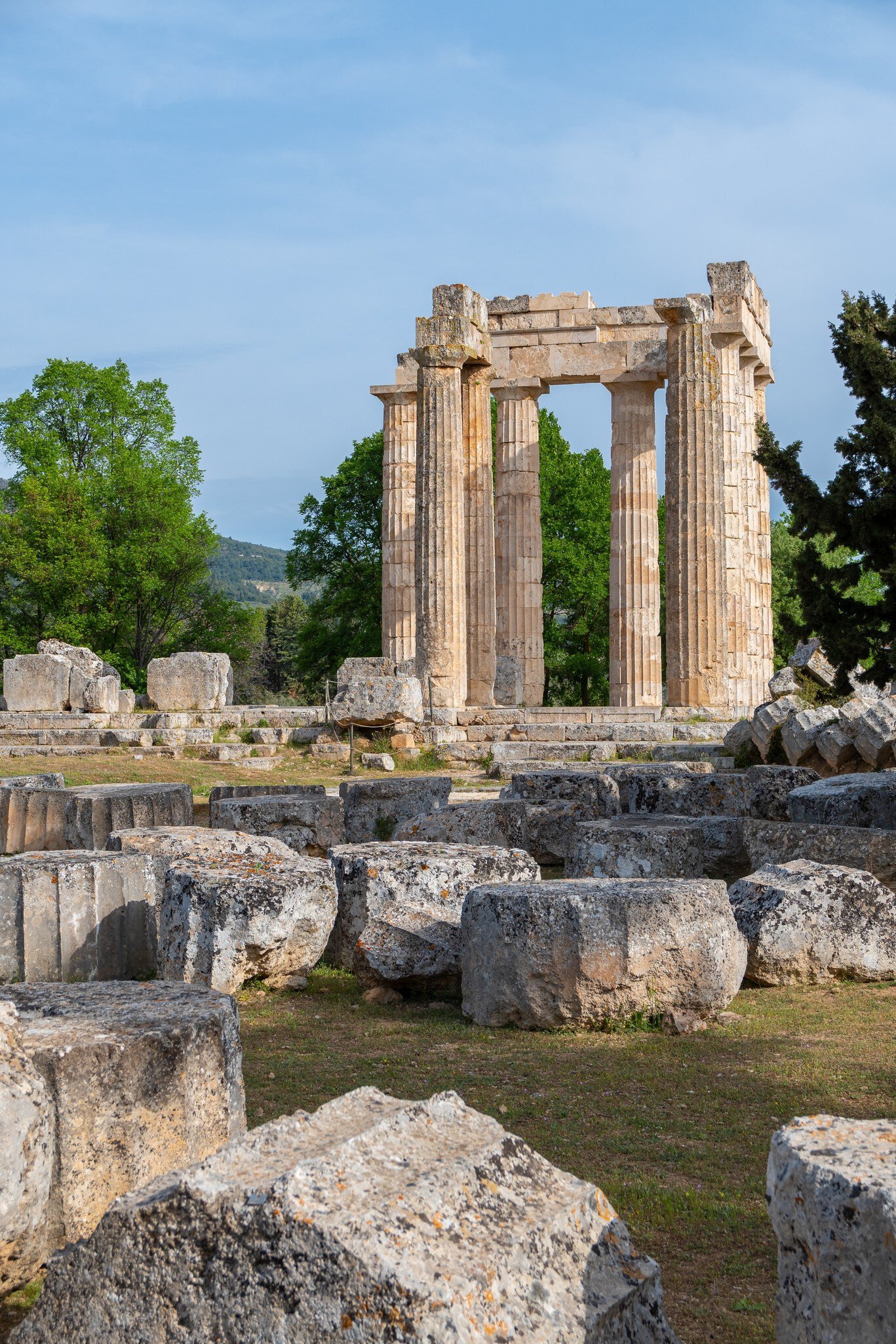 View of a temple and ruins at Ancient Nemea in Greece.