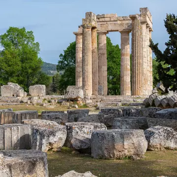 View of a temple and ruins at Ancient Nemea in Greece.
