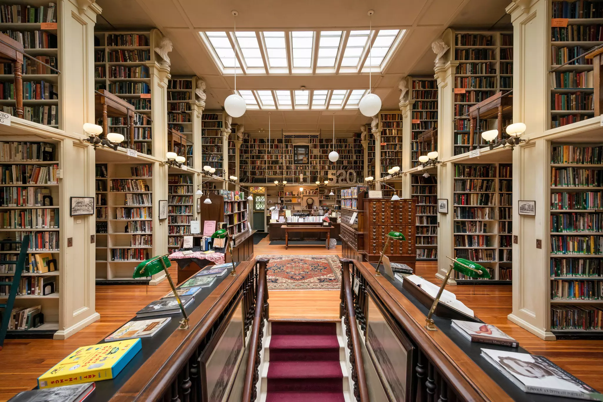 Bookshelves inside a historic library in Providence, Rhode Island.