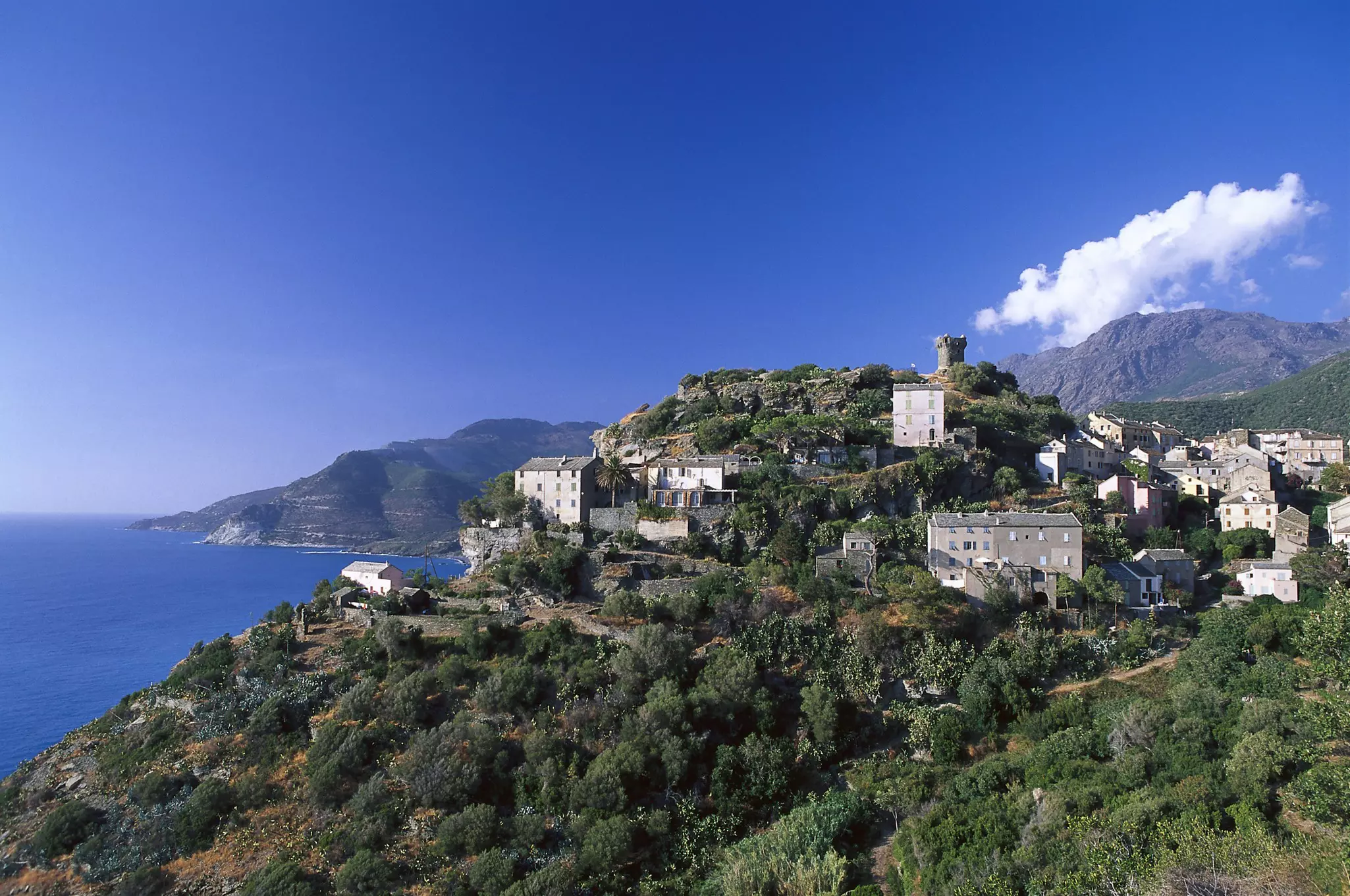 Village and watchtower at Nonza, Corsica, France