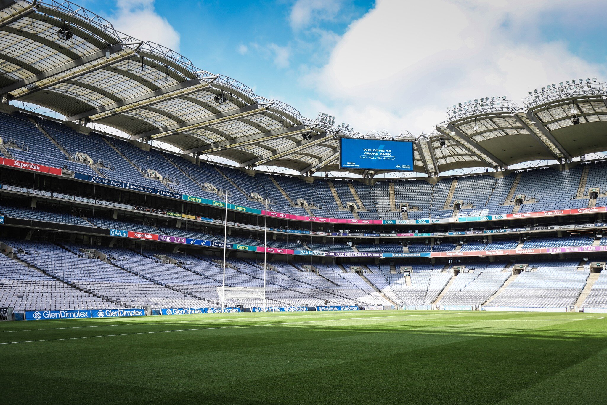 Empty Croke Park stadium ready for the Senior Camogie All-Ireland Championship Final match between Cork and Kikenny. Dublin, Ireland. Blue sky above.