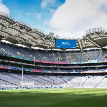 Empty Croke Park stadium ready for the Senior Camogie All-Ireland Championship Final match between Cork and Kikenny. Dublin, Ireland. Blue sky above.