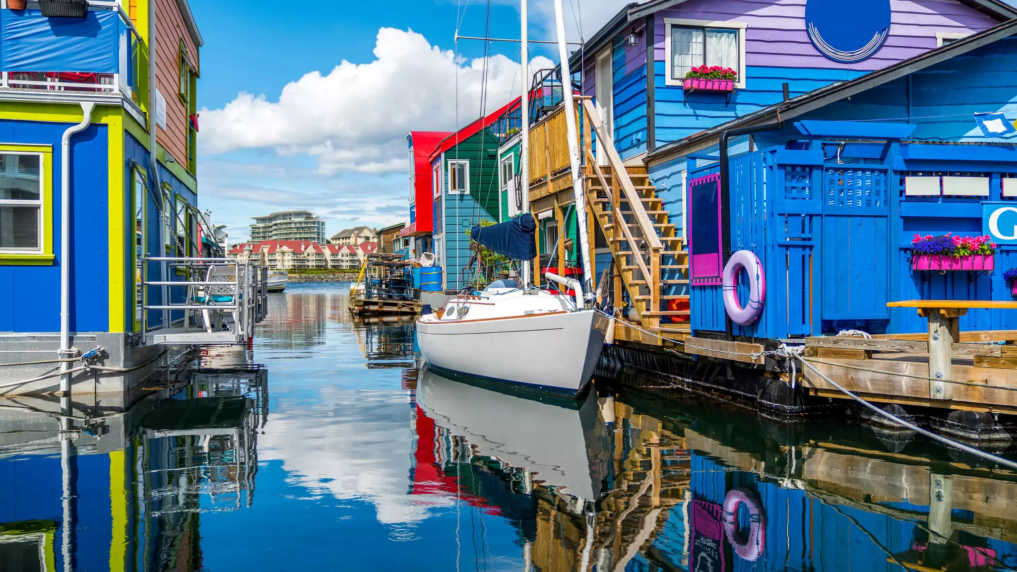 Colorful buildings at a harbor.