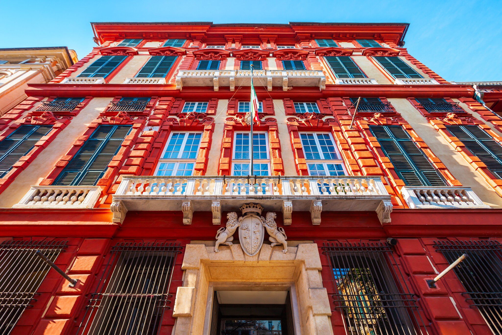 Low-angle view of the Strada Nuova Museum (Rosso Palace) in Via Garibaldi.