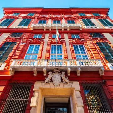 Low-angle view of the Strada Nuova Museum (Rosso Palace) in Via Garibaldi.