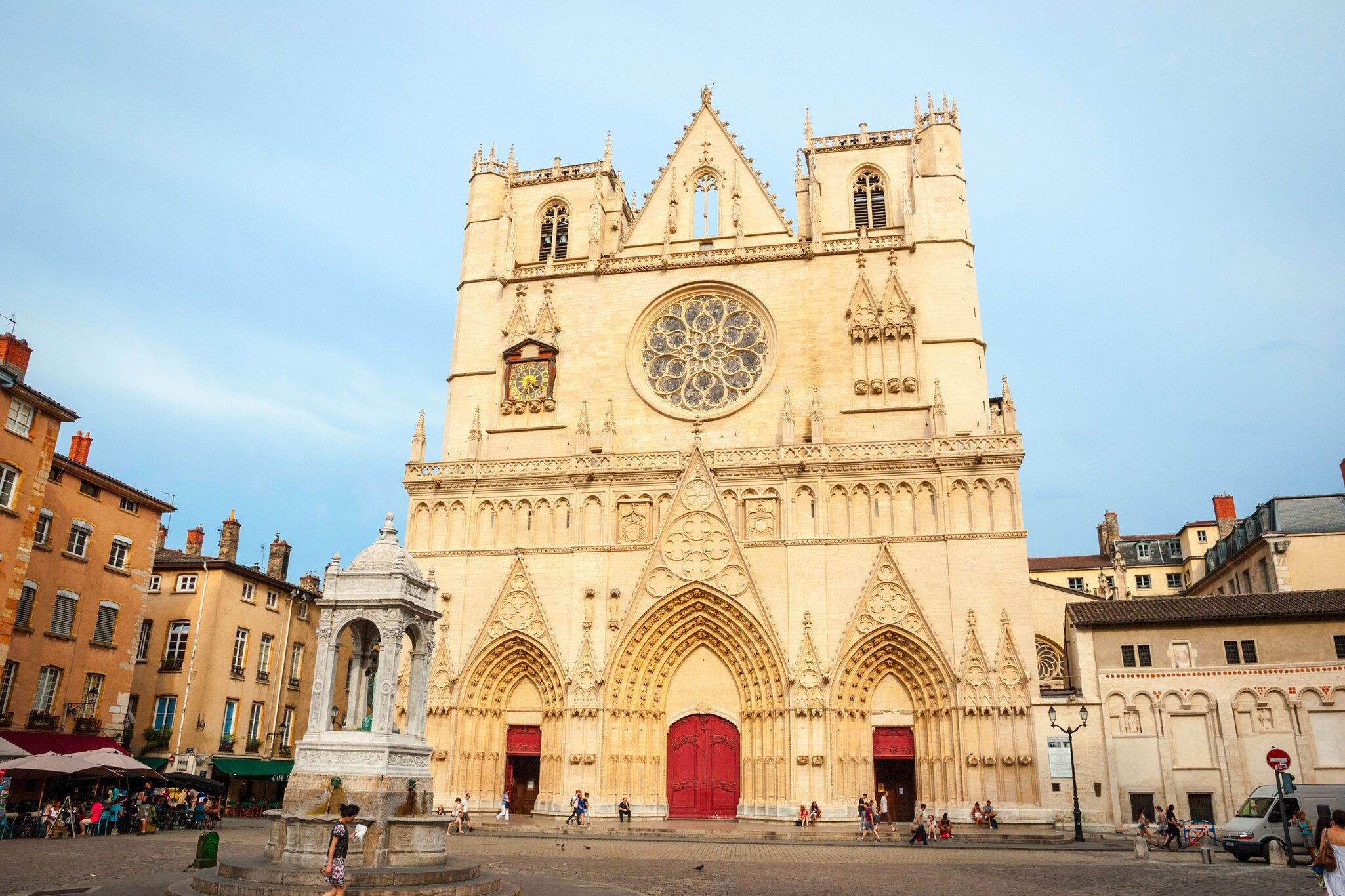 Exterior of St. John the Baptist cathedral in downtown Lyon, France.