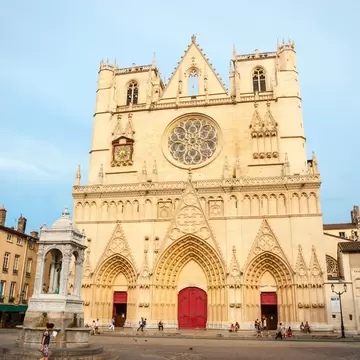 Exterior of St. John the Baptist cathedral in downtown Lyon, France.