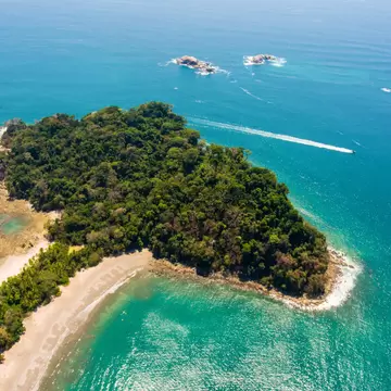 A drone shot of the National park Manuel Antonio, Costa Rica