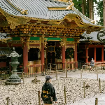 Visitor walks past the gilded, lacquered halls and stone lantern of Nikkō Tōshō-gū shrine, Japan; hoodie reads GREEN LAB