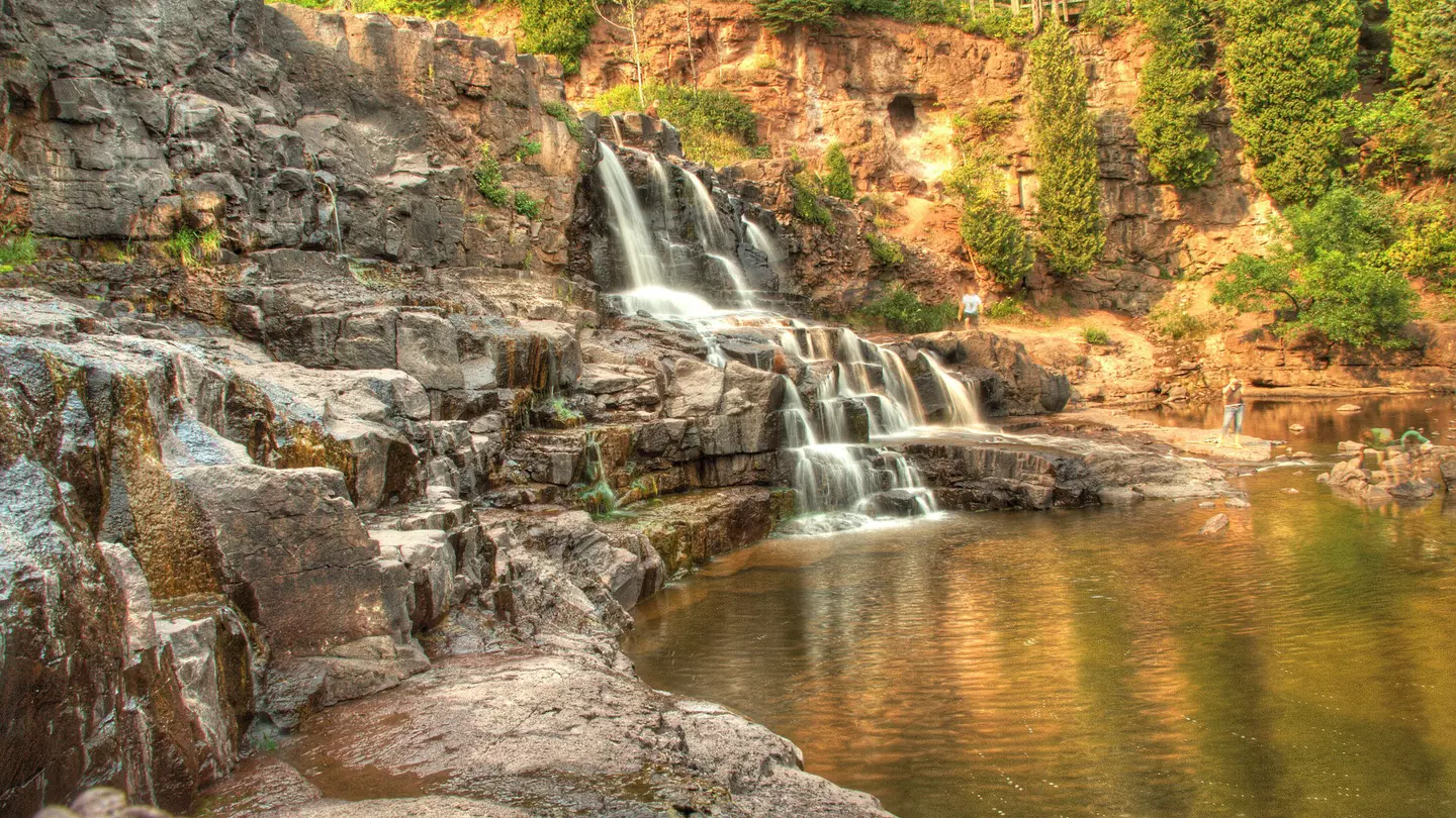 An autumn waterfall scene at Gooseberry Falls State Park in Minnesota