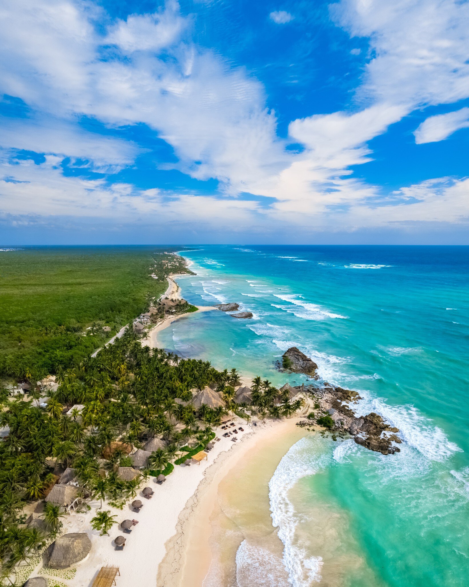 Aerial view of the coastline of Tulum Beach in Quintana Roo, Mexico.