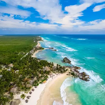 Aerial view of the coastline of Tulum Beach in Quintana Roo, Mexico.