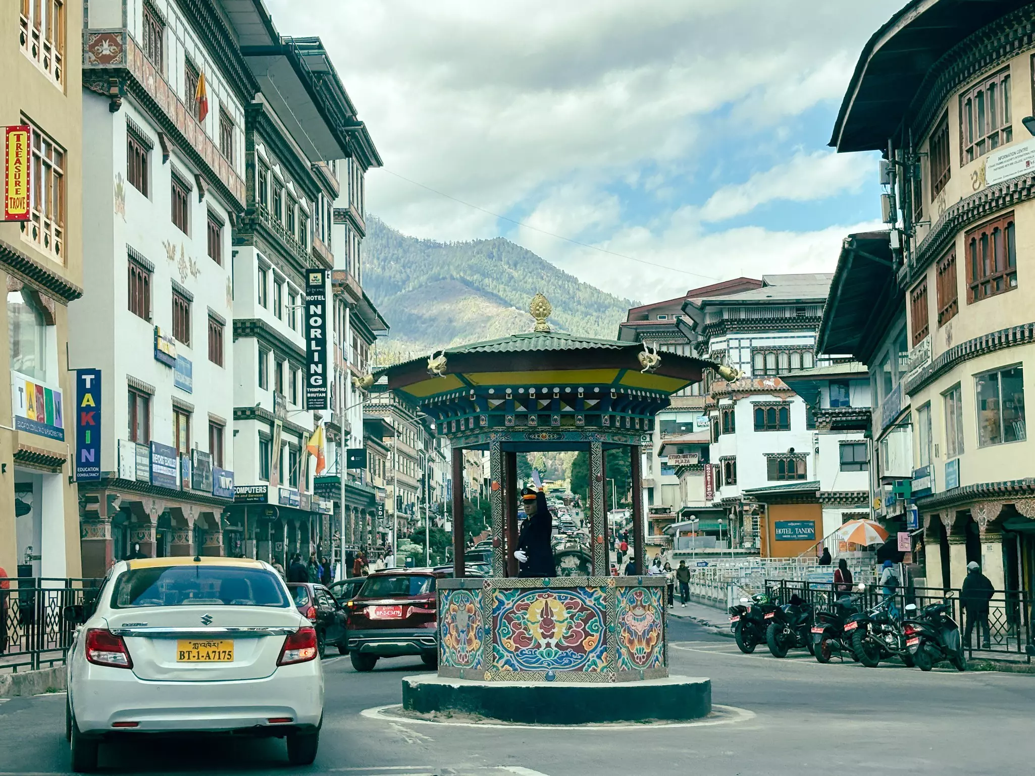 A policeman directs traffic at the central traffic circle in Thimphu, Bhutan.