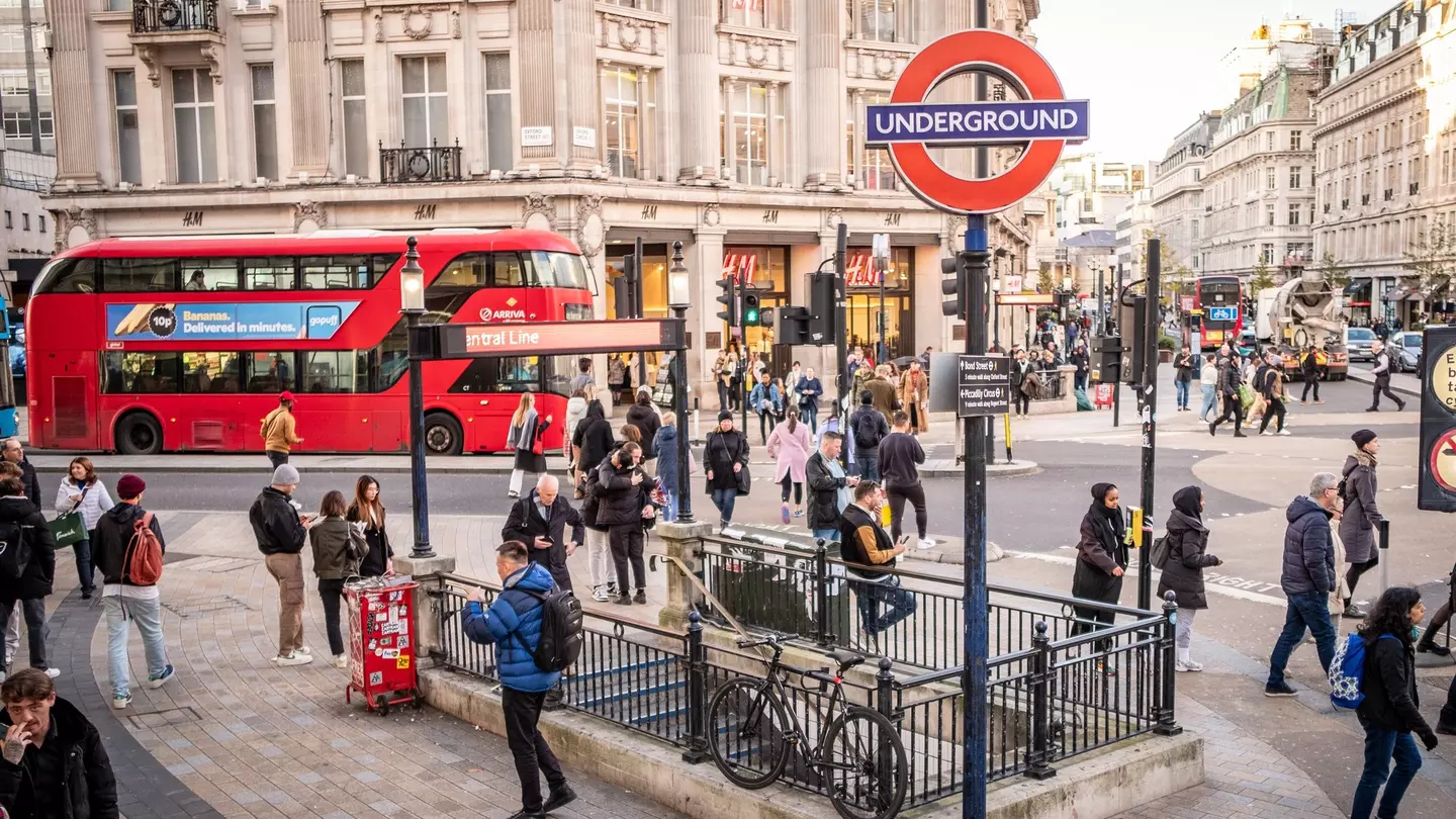 Hing-angle view of Oxford Circus tube station in London, UK.