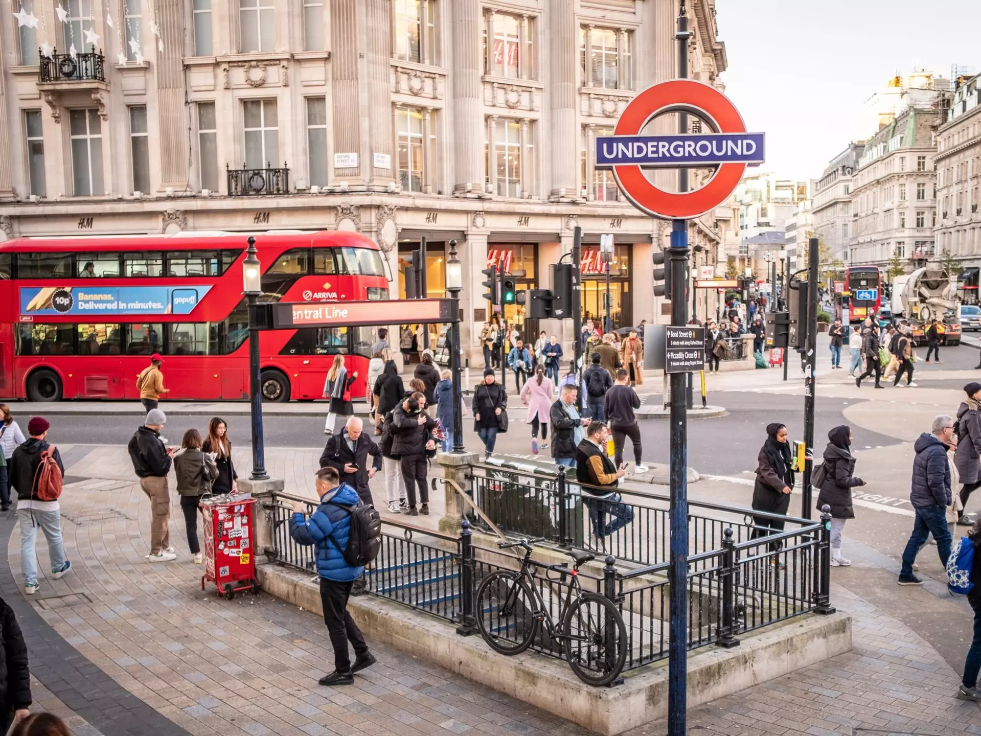 Hing-angle view of Oxford Circus tube station in London, UK.