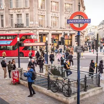 Hing-angle view of Oxford Circus tube station in London, UK.