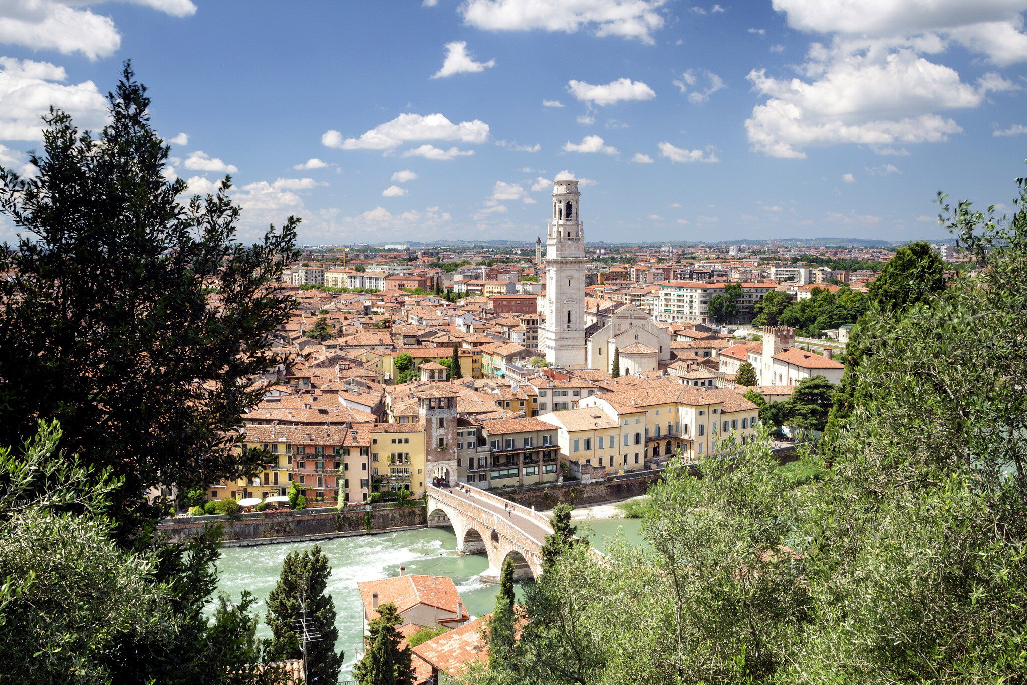 Cityscape of Verona with the Adige river underneath. Verona, Italy.