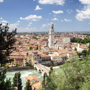 Cityscape of Verona with the Adige river underneath. Verona, Italy.