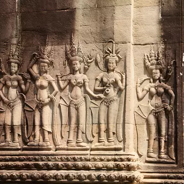 Stone carvings in the temple of Angkor Wat, Cambodia. Yulia_B/Shutterstock