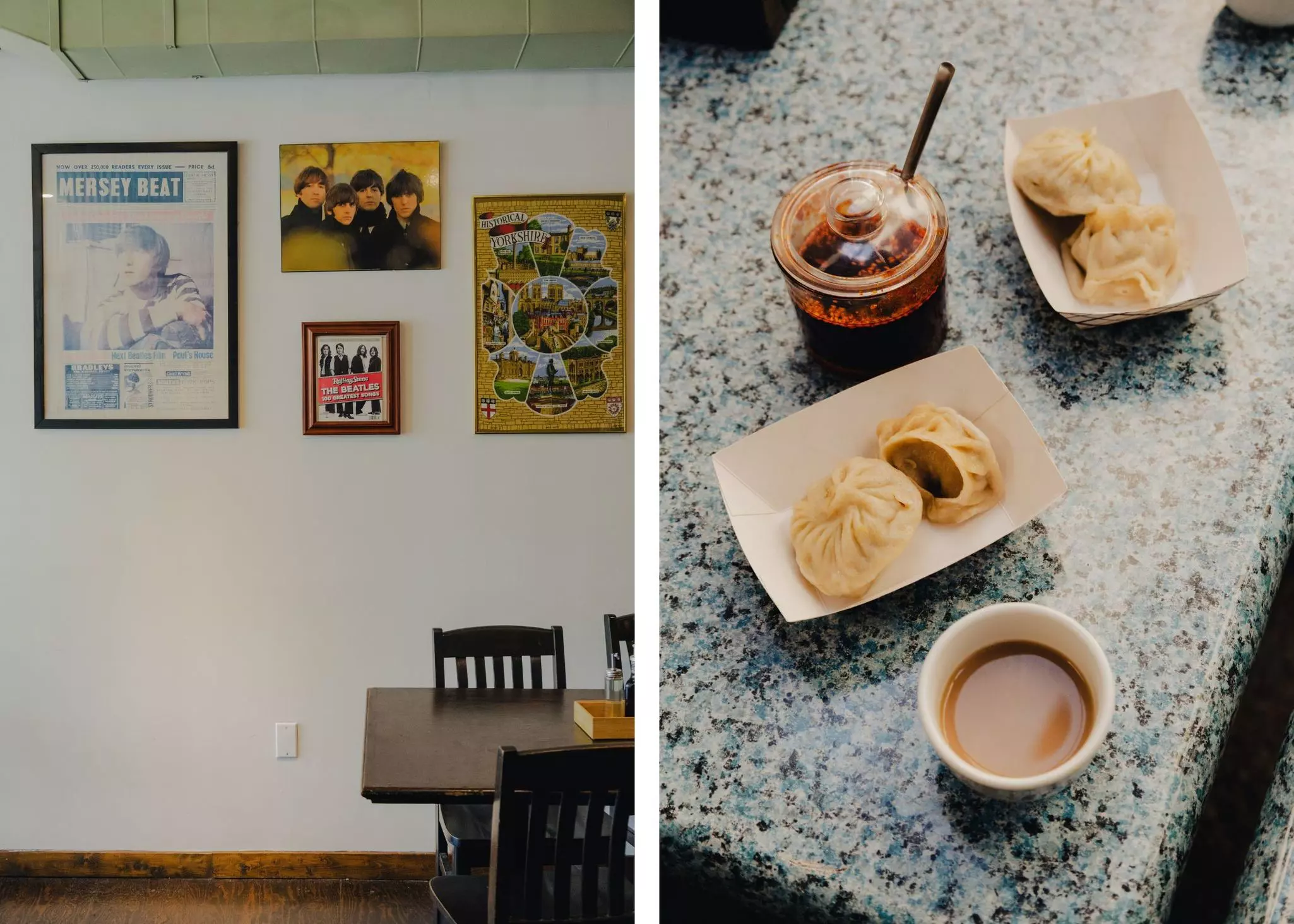 Left, the inside of a restaurant with pcitures of the Beatles on the wall; right, a close up of Tibetan momos.