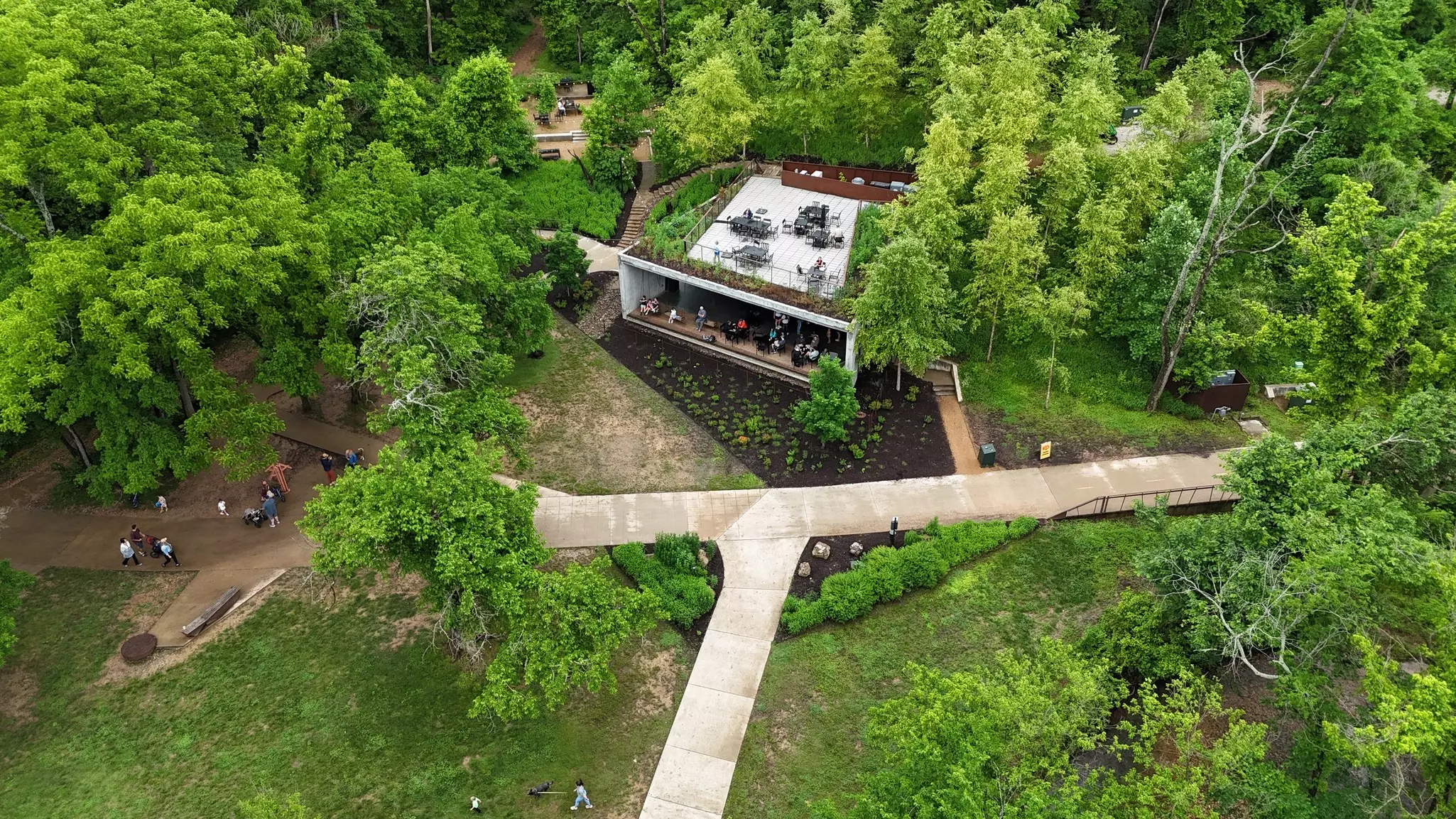 Bike trails and a coffeeshop surrounded by trees.