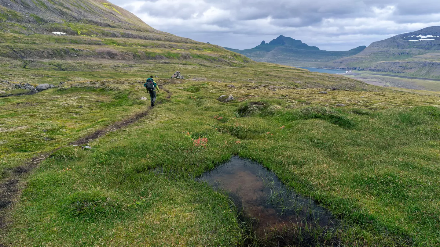 A hiker on a narrow path through a grassy valley, with clouds overhead