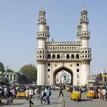India, Andhra Pradesh, Hyderabad. The Charminar, or four minars, is no longer a mosque but remains one of Indias best known buildings.
