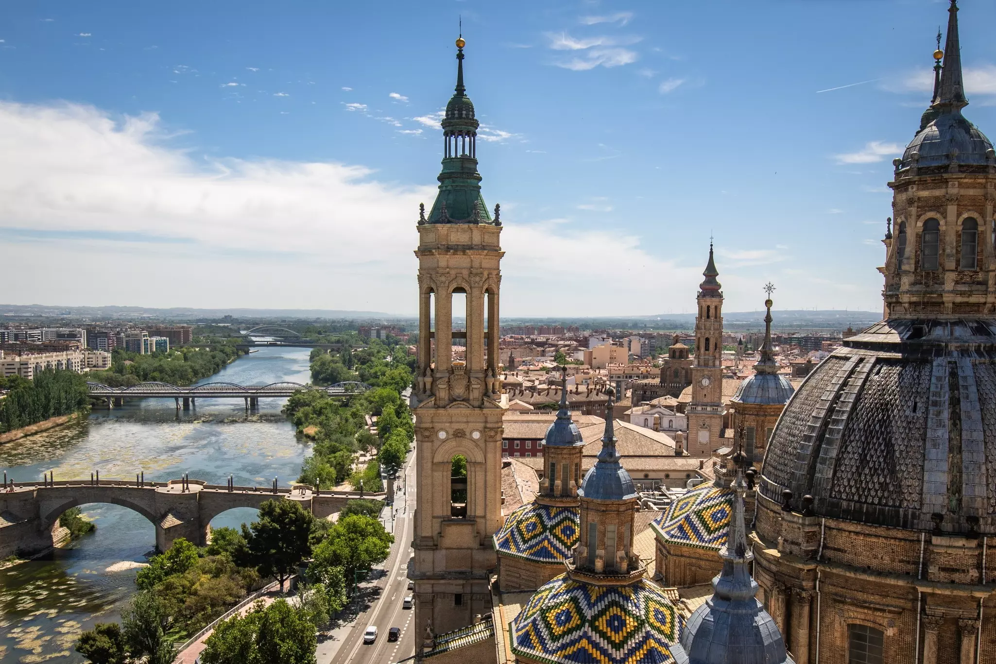 Upper view on Cathedral Basilica of Our Lady of the Pillar in Zaragoza, Spain, beside River Ebro, on a sunny day.