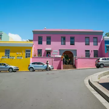 Pink, yellow, green, and blue houses along a roadway on a sunny day.