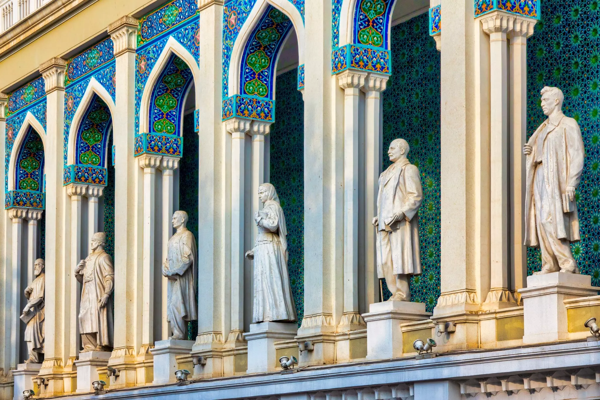 Statues of Azeri national poets on the exterior of the Nizami Museum of Azerbaijani Literature