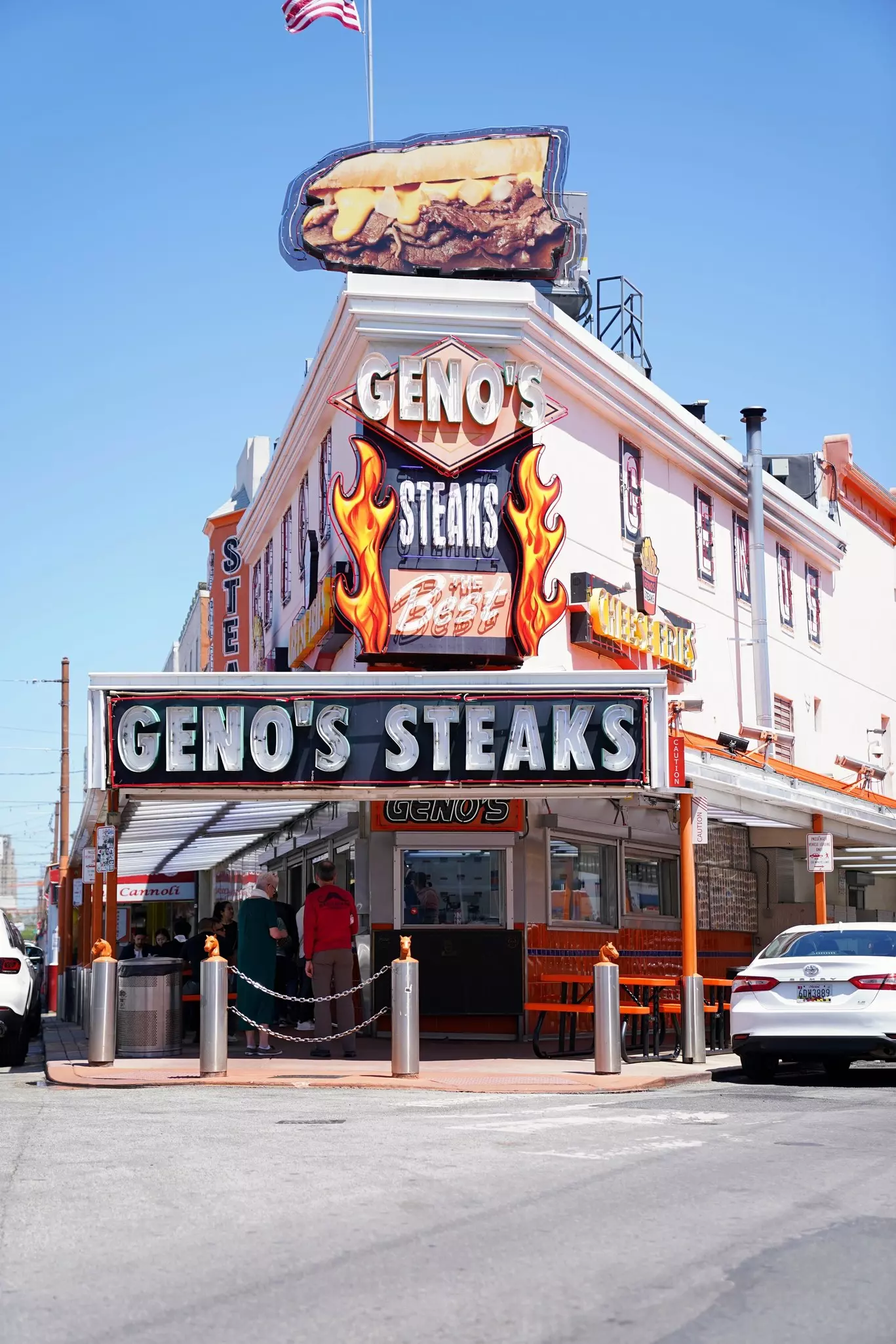 The Famous Geno's Steaks on a bright and sunny day