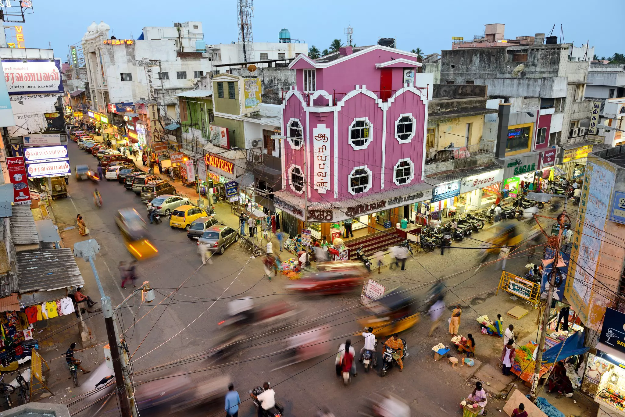 An aerial view of busy streets at dusk in the new town of Puducherry, India