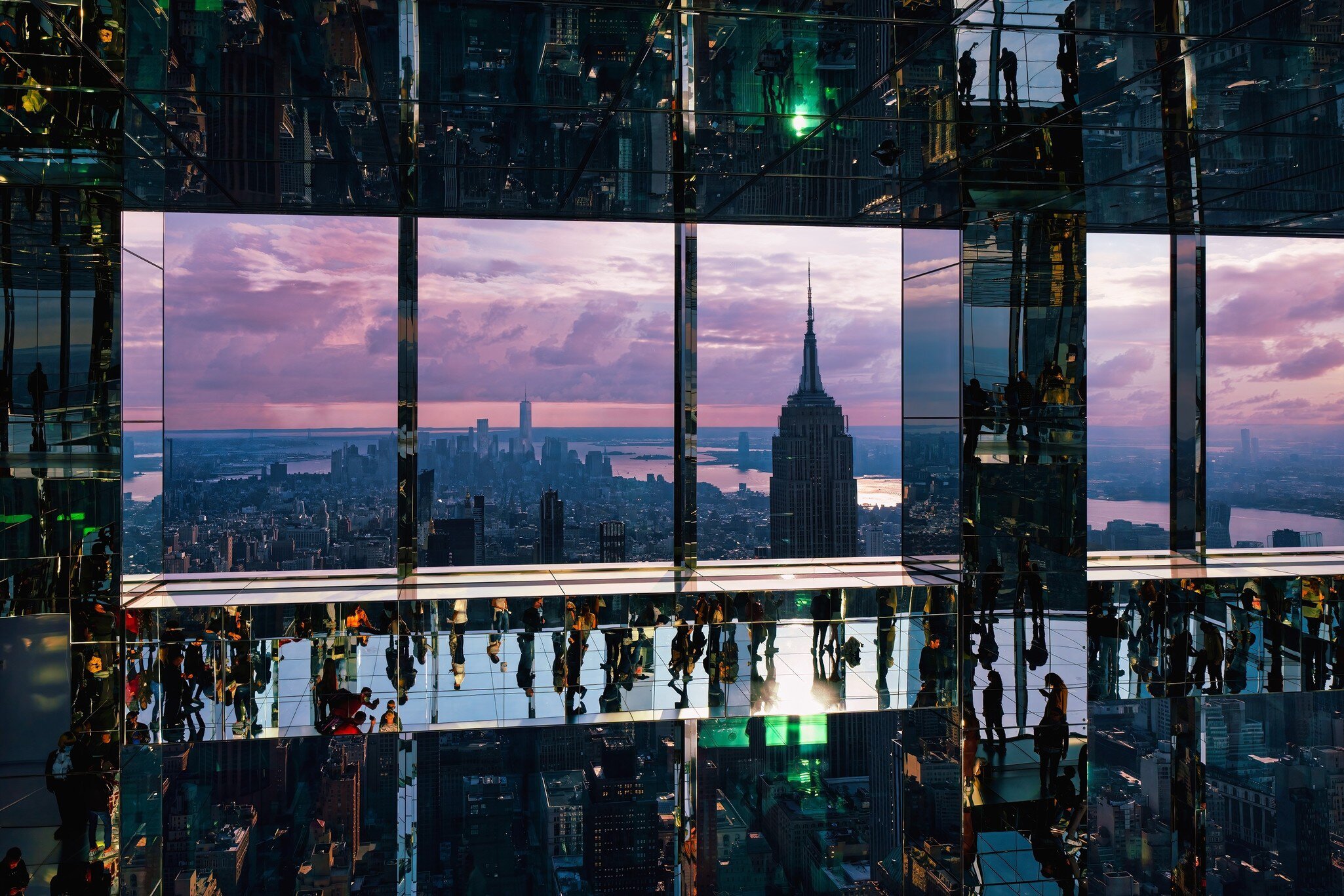 SUMMIT One Vanderbilt, super wide view panorama interior, Sunrise, View to Downtown Manhattan and empire state building, 45 E 42nd St, New York, NY 10017, United States of America. 9.29.2021  License Type: media  Download Time: 2023-12-13T12:36:29.000Z  User: FergalCo  Is Editorial: Yes  purchase_order:   