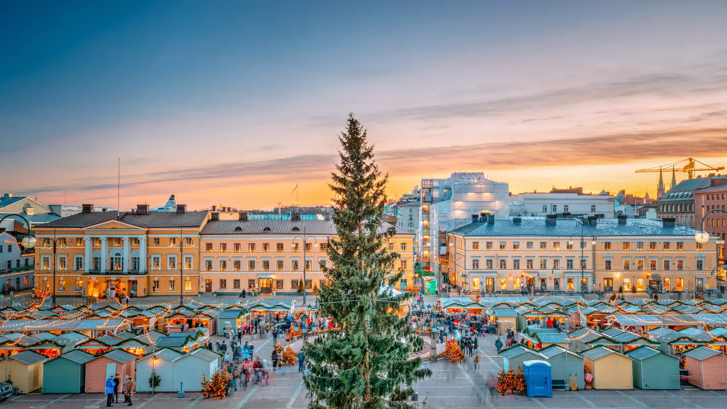 View over the Christmas Market on Senate Square in Helsinki, Finland, during sunset.