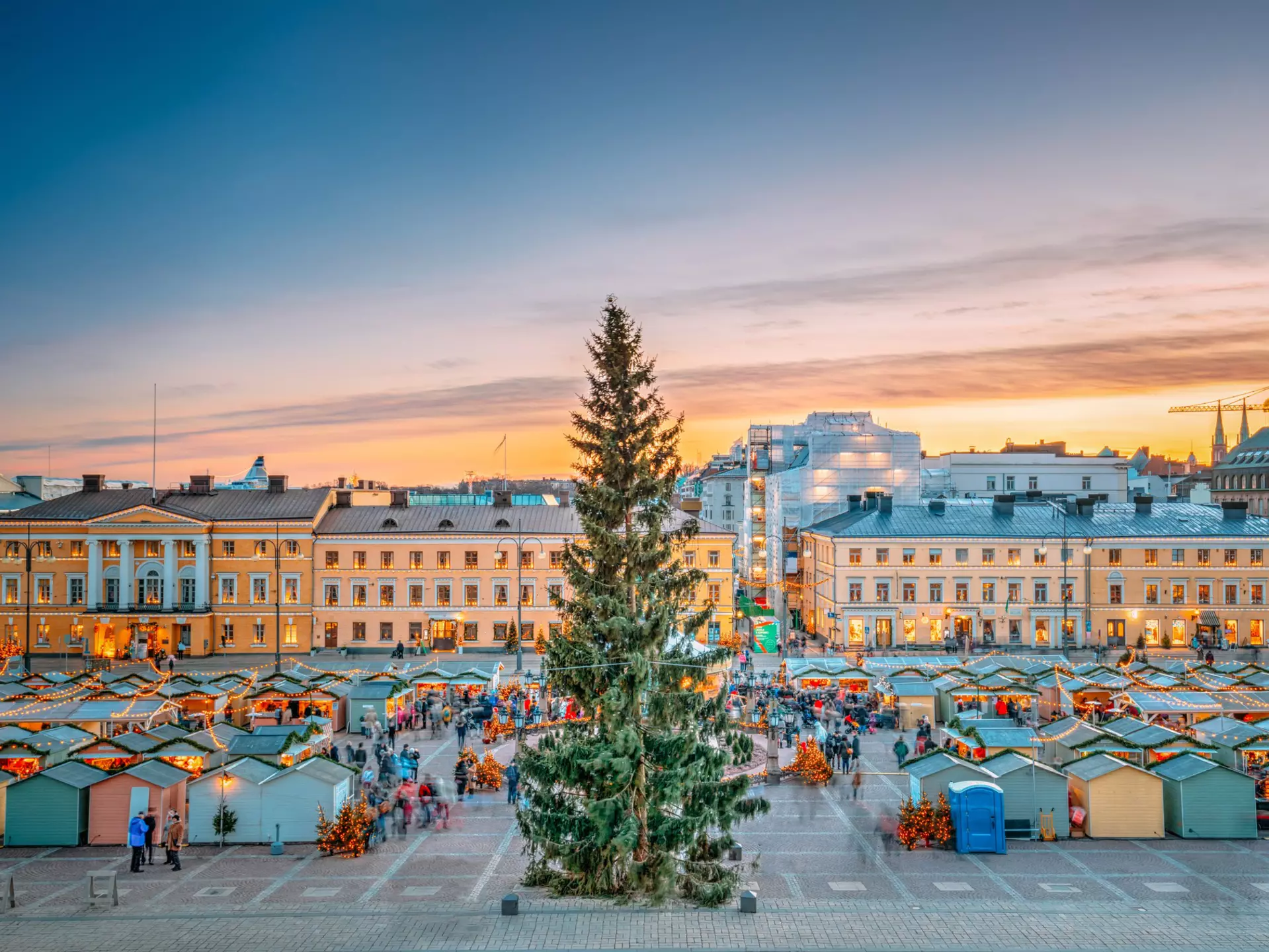 View over the Christmas Market on Senate Square in Helsinki, Finland, during sunset.
