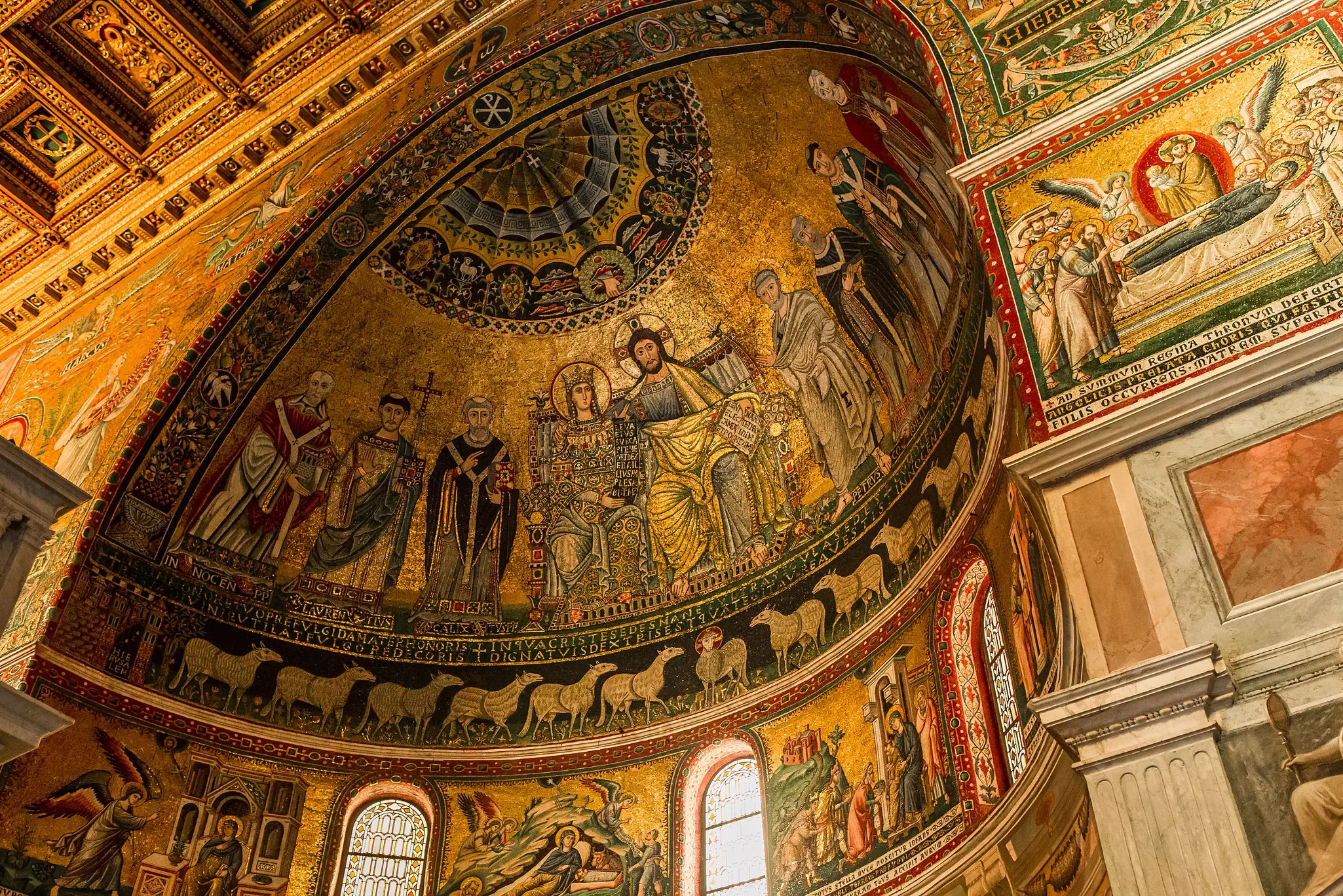 Interior architectural details of the Basilica of Santa Maria in Trastevere.
Horizontal Baroque Style Mosaic Architectural Dome.