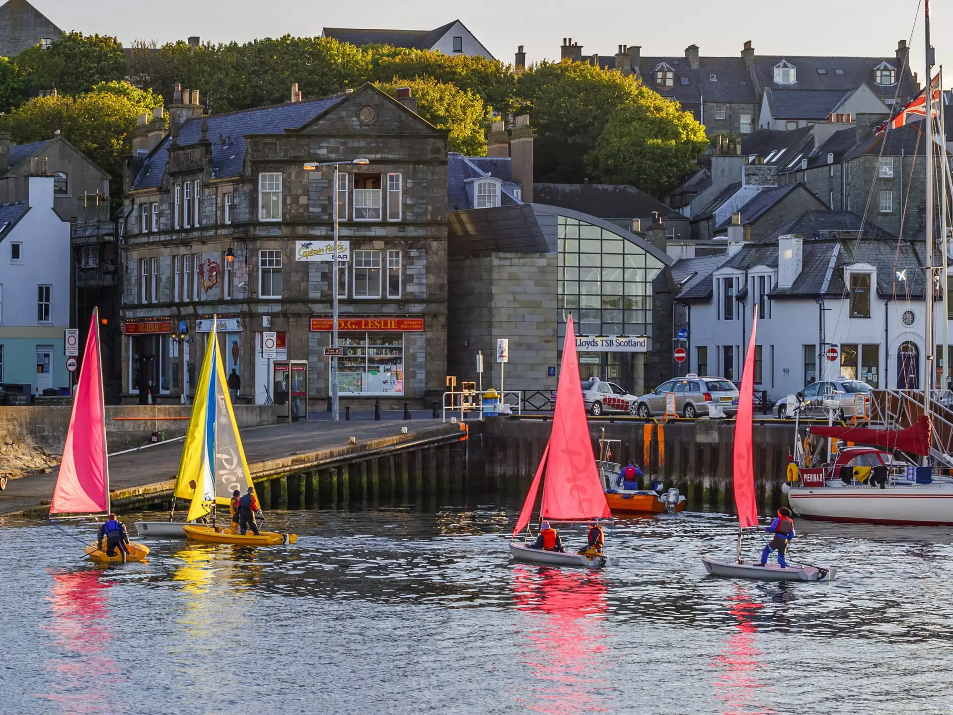 Sailboats in the harbor at the city of Lerwick in Shetland