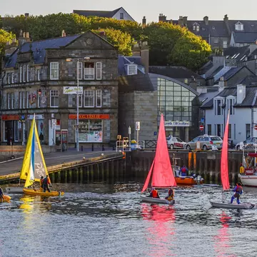 Sailboats in the harbor at the city of Lerwick in Shetland