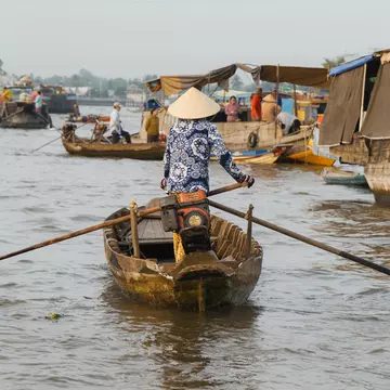 Boats on the Hau River at Can Tho, Vietnam. 