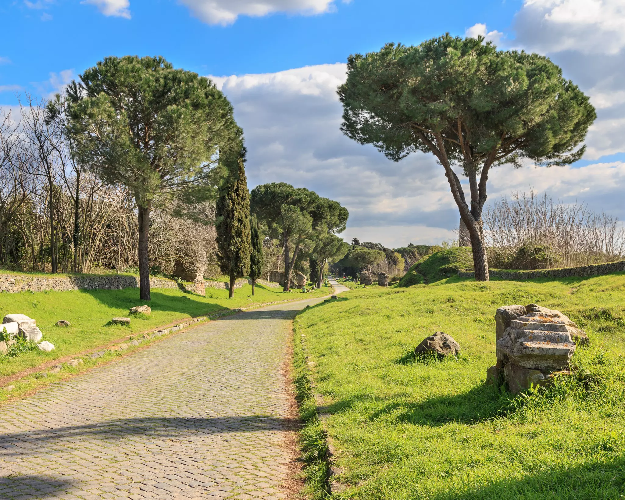 The cobbled stones of a long rural pathway, with cypress trees along the path.