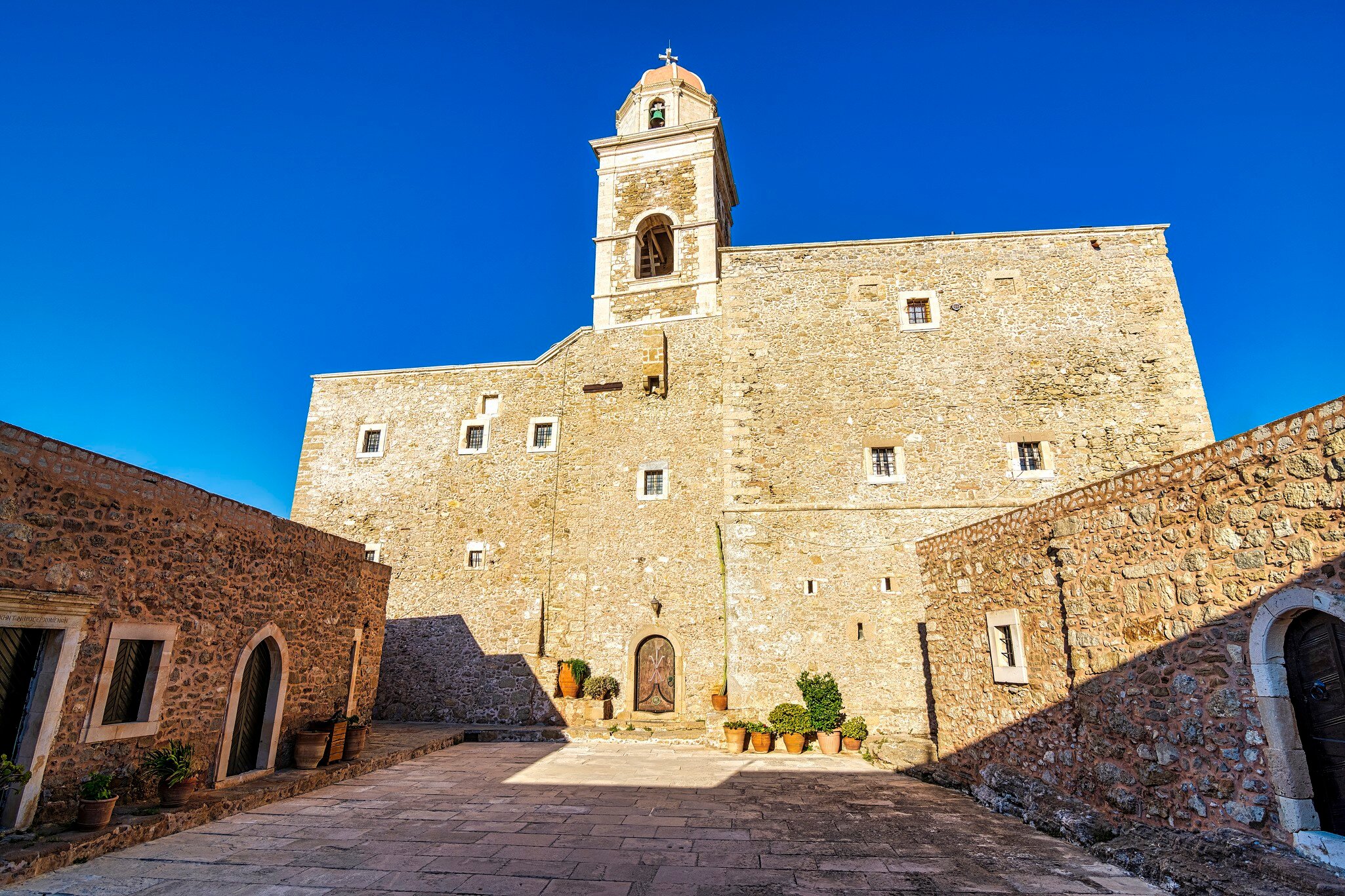 View of Toplou Monastery in the northeastern part of Crete, Greece near the famous palm beach of Vai.