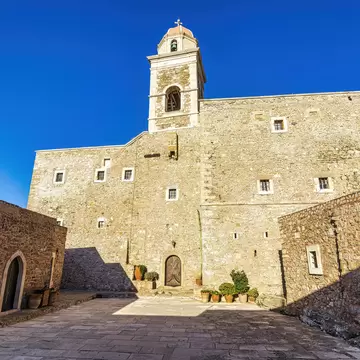 View of Toplou Monastery in the northeastern part of Crete, Greece near the famous palm beach of Vai.
