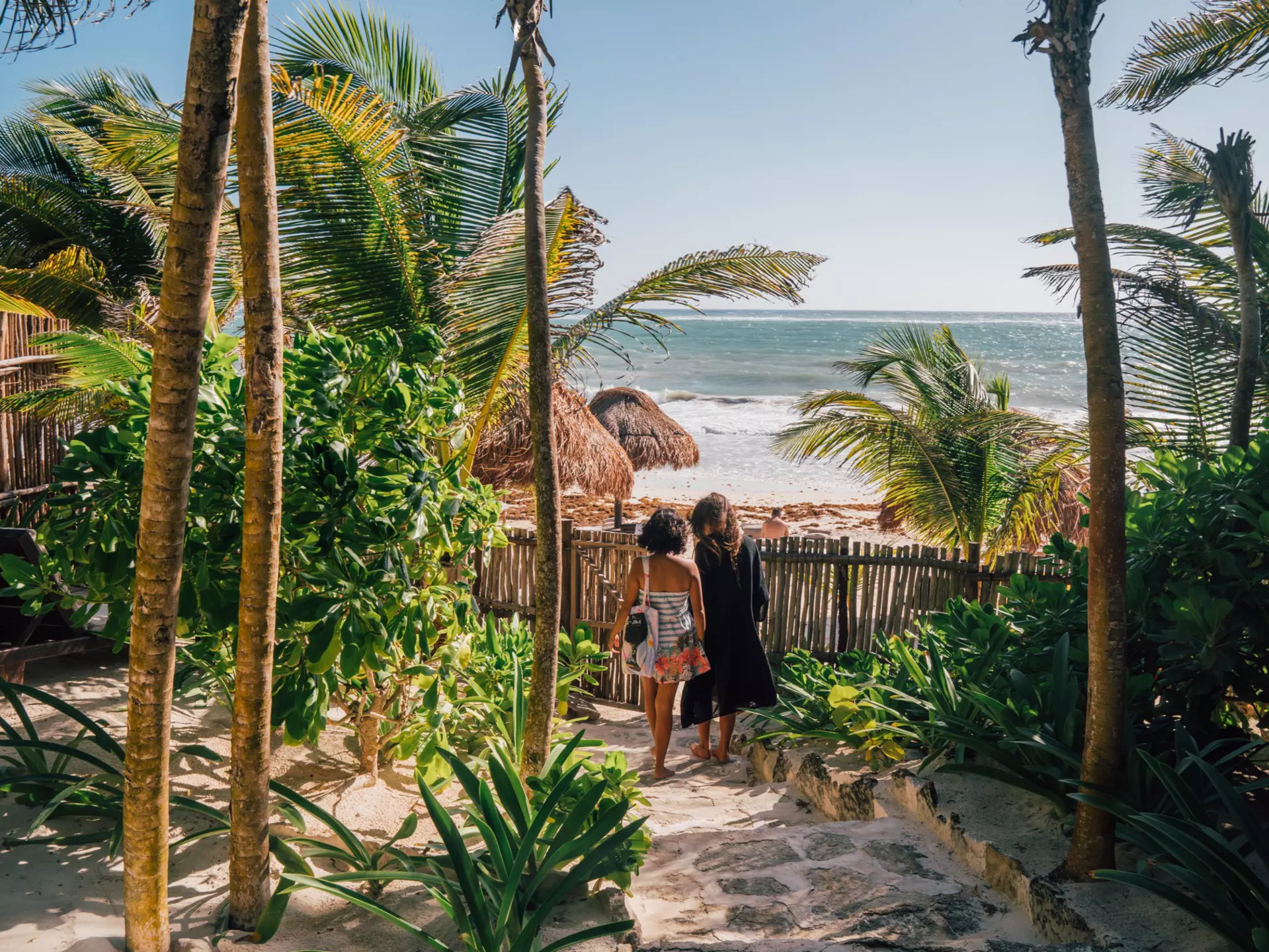 2 girls walking towards the ocean on a path surrounded by palm trees and greenery.