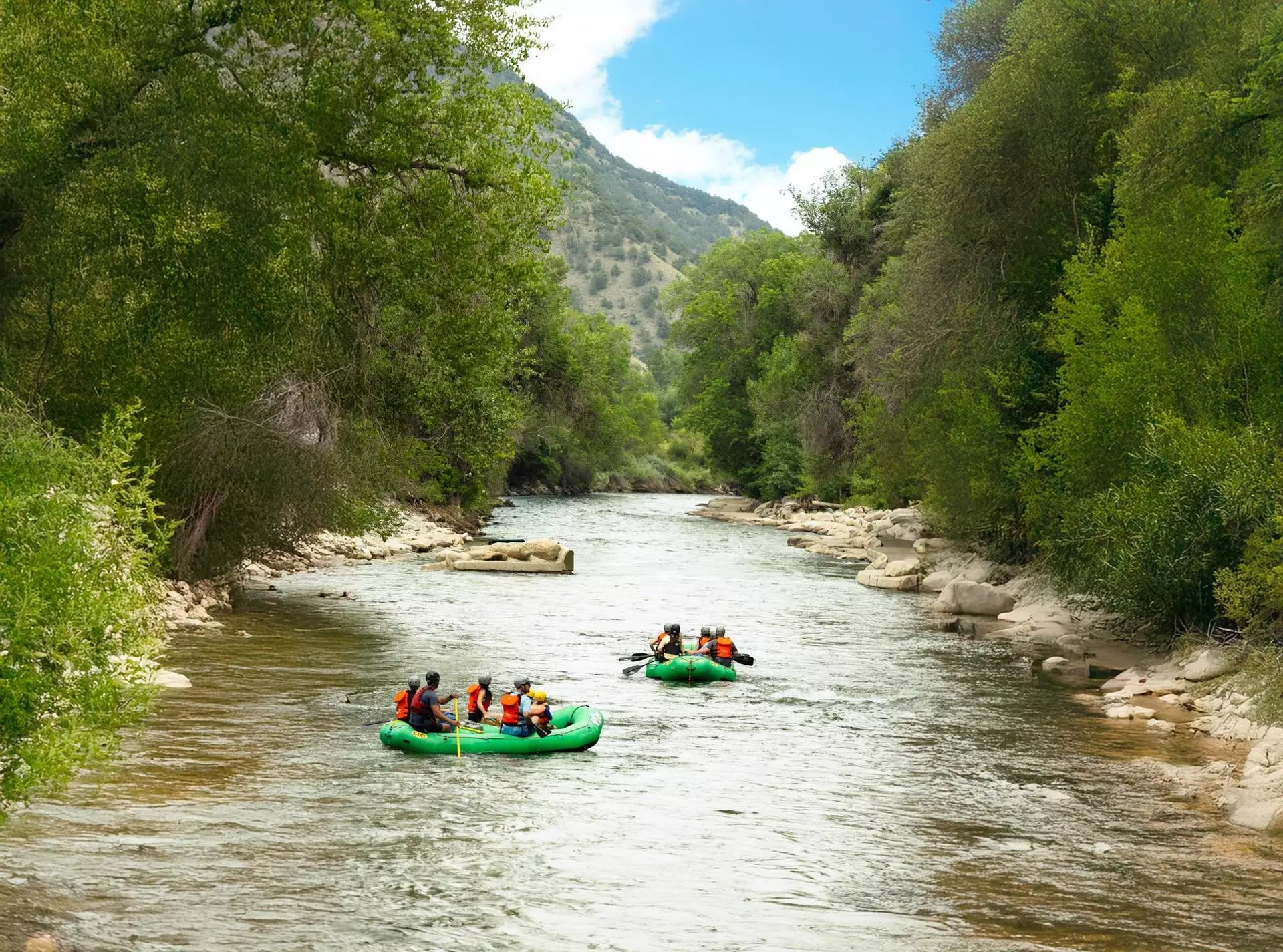 People white-water rafting at Riverside Park in Salida, Colorado, USA.