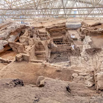Neolithic Site of Çatalhöyük. UNESCO World Heritage Site. Catalhoyuk is oldest town in world with large Neolithic & Chalcolithic best preserved city settlement in Cumra, Konya. Built in 7500 BC. ; Shutterstock ID 1611692500; your: Bridget Brown; g...