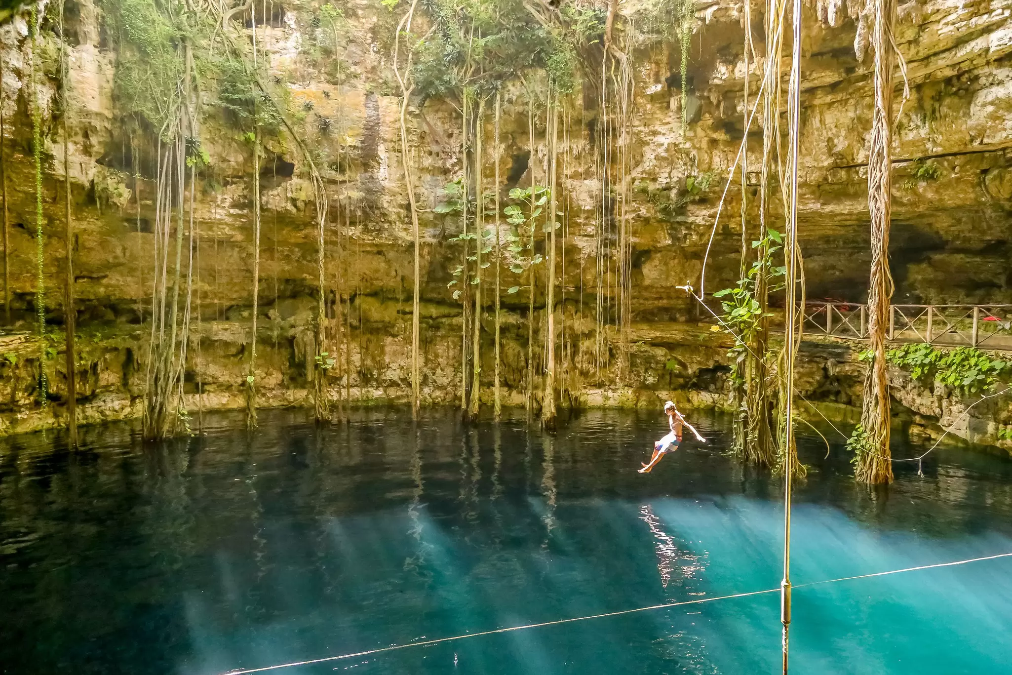 A person jumping into a blue-green natural pool with vines and roots growing along steep walls.