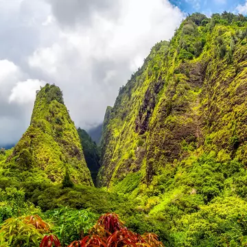 The towering monolith covered in tropical plant life known as the 'lao Needle in the West Maui Mountains, Hawaii.; Shutterstock ID 388732213; purchase_order: 65050; job: ; client: ; other:
