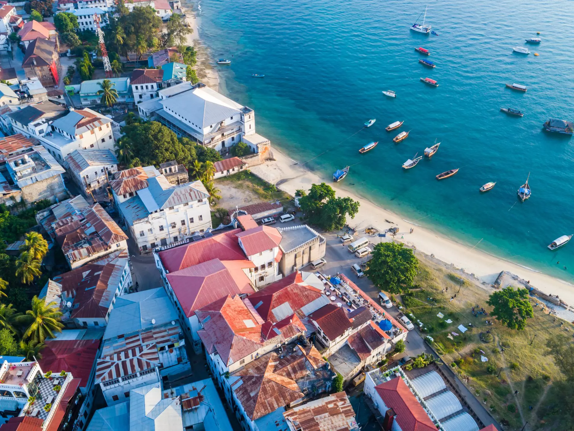 Aerial of coastal buildings in Stone Town, Zanzibar