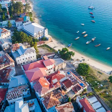 Aerial of coastal buildings in Stone Town, Zanzibar