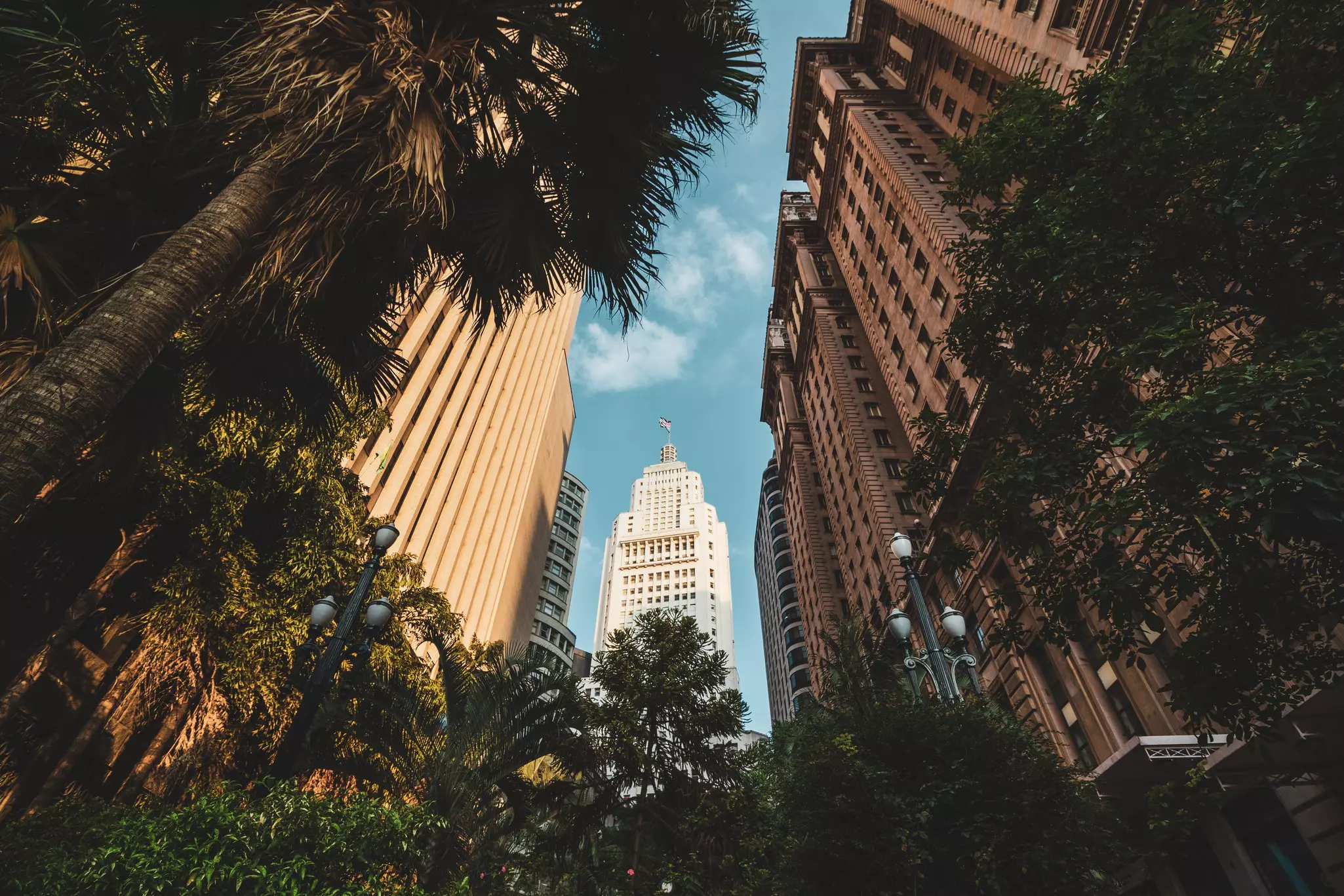 A tall art deco-style building rises above a tree-lined city street.